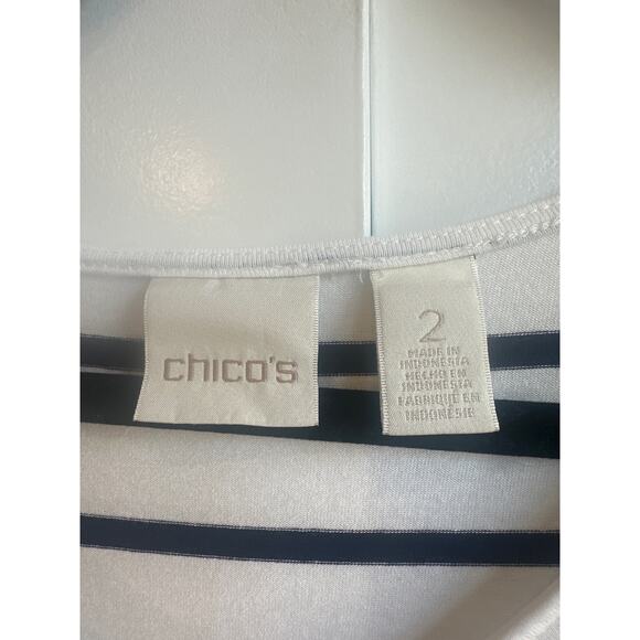 Chico’s Lightweight White with Dark Navy Blue V-Shape Stripes Top - Picture 2 of 8